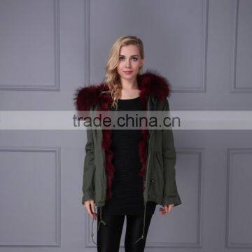 Short wine fox fur lined with raccoon fur collar trim hooded parka coat                        
                                                                                Supplier's Choice