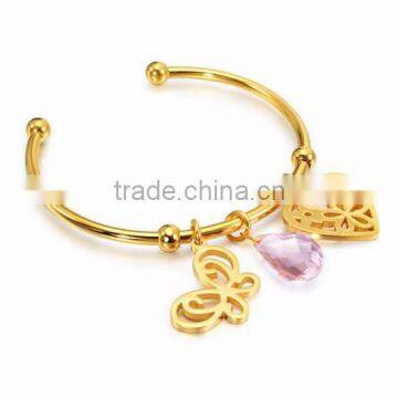 Latest design fashion 18K gold stainless steel butterfly and heart charm Bangle bracelet Jewelry MXBR80017