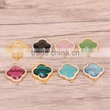 Charm Clover shaped Crystal Glass Connector Beads with Zircon Paved Gold plated over Brass jewelry making