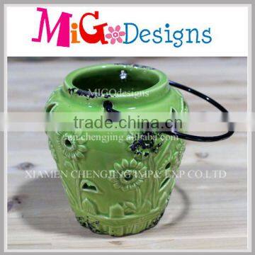 Pot shape Ceramic Lantern Green Flower Carved OEM