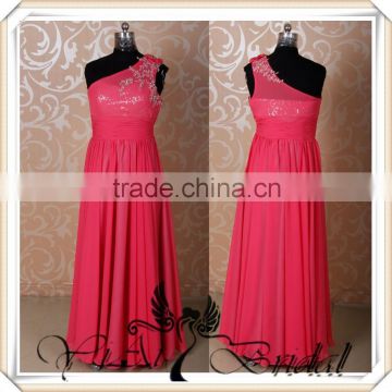 RSE265 One Shoulder Long Chiffon Watermelon Bridesmaid Dresses With Rhinestones