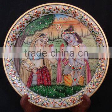 Indian Marble Thali Plate Handicraft Religious Gift Decor Miniature Painting radha krishna Rajasthan