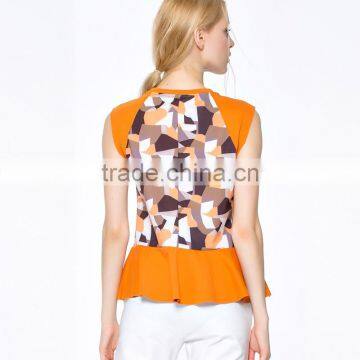 Promotional Top Quality Knitted Wear Popular Printed Ruffle Hem Model Women's Simple Blouse With Sleevless photo-2
