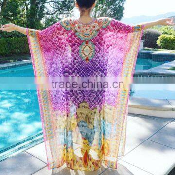 Long Purple Digital Print Crystal Embellished Kaftan CAFTAN Tunic Poncho Blouse photo-2