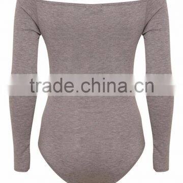 Women Underwear Plain Off Shoulder Sexy Tight Silm Fitness Basic Grey Round Neck Bodysuit photo-3