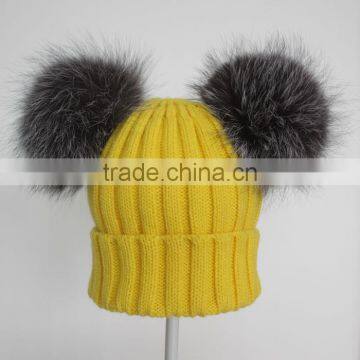 Myfur Yellow Color Wool Knitting Beanie Hat With Genuine Silver Fox Fur Pompoms