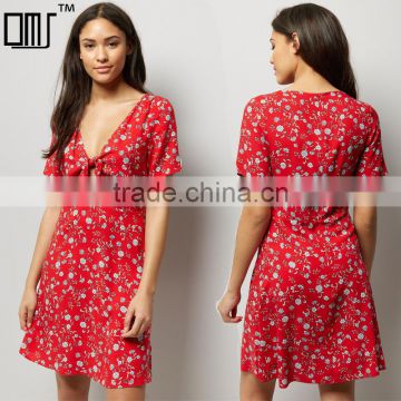 RED self bow V-neck women printed short sleeve dress