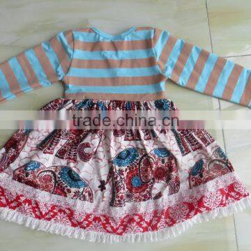 LY-107 Best Selling Girl Baby Ruffle Aztec Pattern Dress Elephant Printed Stripe Dress Kids Clothing