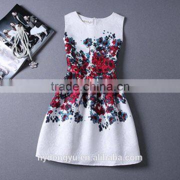 whtie red flower rosy women printed A line dress/sym rose multi design sleeveless A line dress skirt