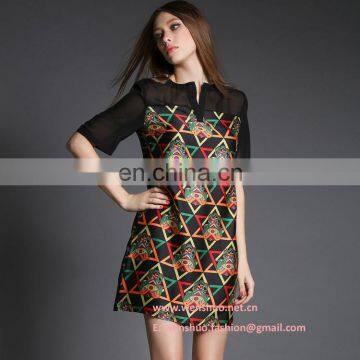 High Qulaity Printed Imitation Silk Short Sleeve Ladies Dress photo-3