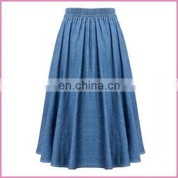 Soft Thin Denim Fabric Long Pleated Skirt Elastic Waist Band and Middle Buttons Lady Jeans Skirt photo-2