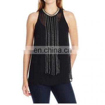 High quality lady fashion top with sequin around neck and central front