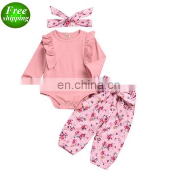 2019 pink floral print baby rompers & flower pants & headband 3pcs set