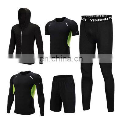 Gym Sports Quick Dry T-shirt Tights Five Pieces Suit Set Men's Running Fitness Clothes photo-3