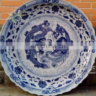 3 Feet Big China Hand Painted Dragon Blue and White Porcelain Plates For Hotel /Government/Home Decoration