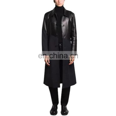 Fashion Men cotton blend leather trench  wool coat