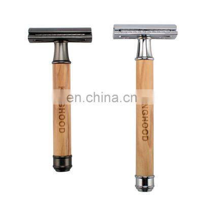 Reusable Ecofrienly Silver Metal Double Edge Safety Razor with Wooden Handle