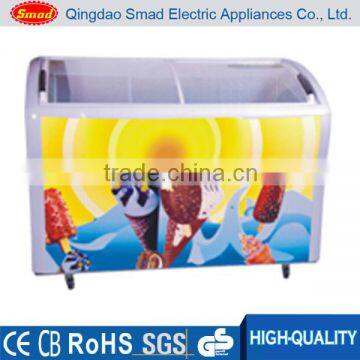 Supermarket transparent curved glass door display chest freezer