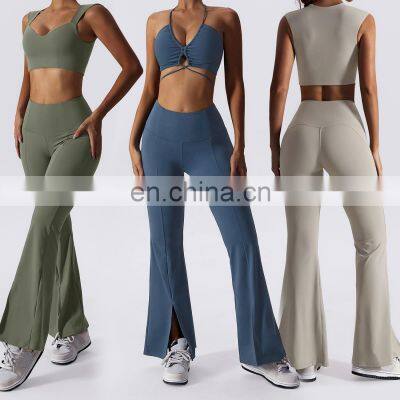 3 Pcs Sexy Gym Strappy Sports Bras Sets Custom Logo High Waist Flared Yoga Leggings