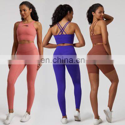 Custom Logo Multicolor High Neck Long Line Sports Bra Top High Waist V Back Leggings Shorts Women Workout Fitness Wear Suit Set