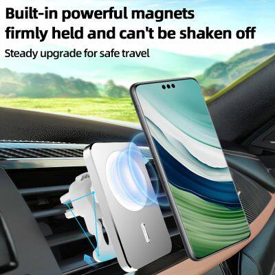 15W Magnetic Car Wireless Charger Aluminum Alloy Material Air Vent Clip Phone Holder Multi-angle Adjustable for Mobile Phone