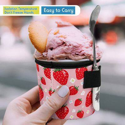 Custom Print Waterproof Iced Cream Pint Glass Neoprene Insulator Ice Cream Holder With Elastic Loop Spoon Holder photo-5