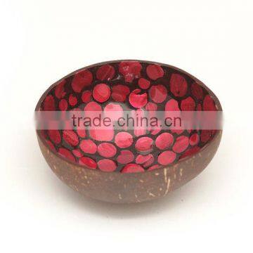 High quality best selling eco friendly Light red mother of pearl inlay coconut bowl from Viet Nam