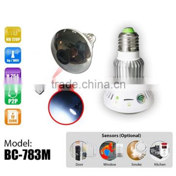 Mirror HD720P WiFi light bulb camera with White Light output and Remote Control+ Wireless alarm sensors (Optional)