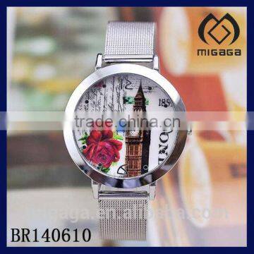 classic rose and bell tower watch with metal net strap-rose and tower alloy watch