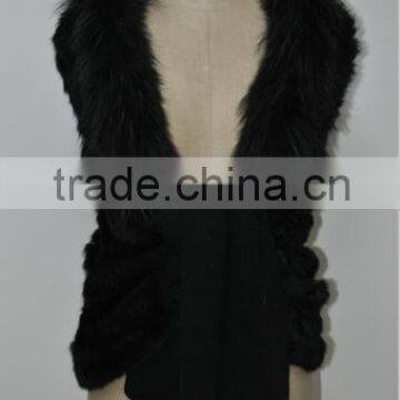 women fashion knitted real rabbit fur vest with raccoon trimming LK16F108