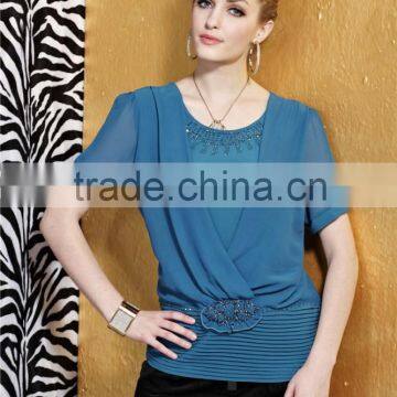 Round Collar Show Thin Short Sleeve Fashion Chiffon Blouse photo-3