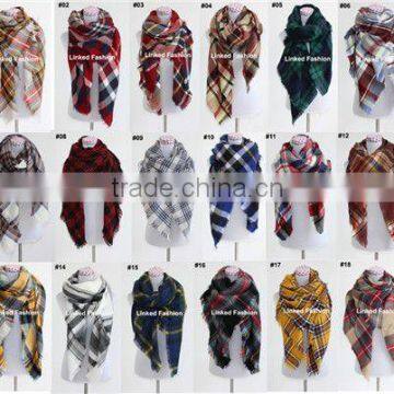 New arrival trendy arge oversize winter check tartan plaid scarf plaid blanket scarf with button