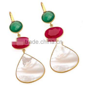 Chalcedony and Shell Earrings Gemstone Dangle Earrings Three Stone Earring Gold Earring Wire Earring