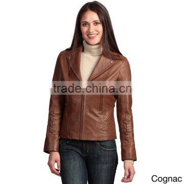 Ladies Brown Bomber sheep Leather Jacket with Flap pocket style