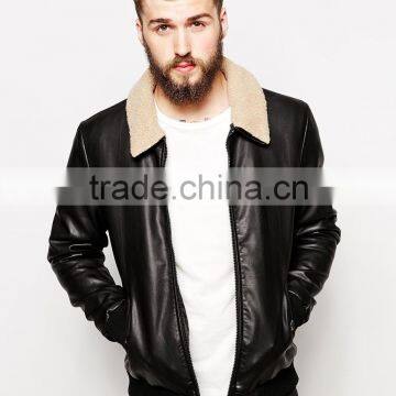 mens faux leather jacket, PU leather jacket with faux-shearling collar