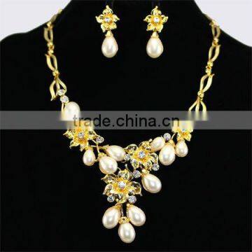 White Pearl Sparkling Rhinestone Gold Necklaces and Earring Set muslim wedding jewelry