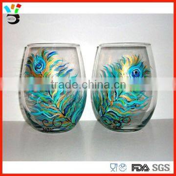 Peacock feather stemless painted wine glass designs