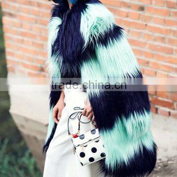 2016/2017 New Style Women Winter Contrast Color Long Hair Goat Fur Coat with Big Turnover Collar