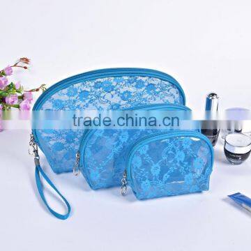 sky blue lace clear pvc beauty bags for lady (FLY-EL0115)