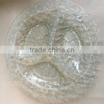 3 partition plate , round clear glass plate , nut plate , candy dishes