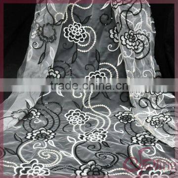 Black/white flower embroidery design mesh fabric lace, embroidered sequin fabric for dress