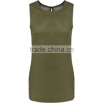 2016 Summer Plain Khaki Sleeveless Shell Tops For Ladies Latest Chiffon Plain Pockets Summer Tops photo-2