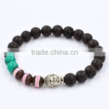 Black Lava Rock With Clear Ball Beads Bracelet Buddha Head Bracelet photo-4