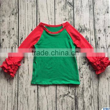 New Model Red Ruffle Sleeves Green Body Baby Christmas Shirts Boutique Kids Cotton Blank Shirt