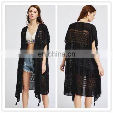 Beautiful All Black Crochet Women Summer Kimono With Tasseled Trim