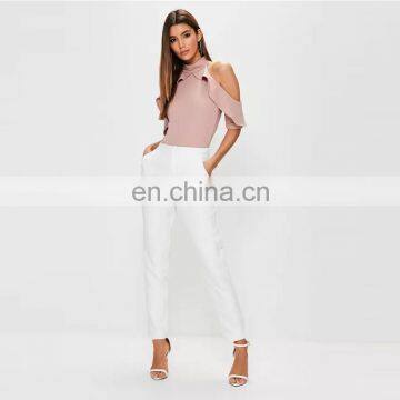 new fashion plain nude frill women cold shoulder sexy tops bodysuit