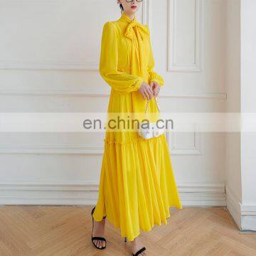 TWOTWINSTYLE Dress for Women Bow Elegant O Neck Long Sleeve High Waist Female Yellow Fashion photo-4