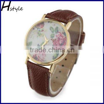 New Fashion Geneva Watches Women Floral Quartz Watch Leather Flower Watch Brown WP013