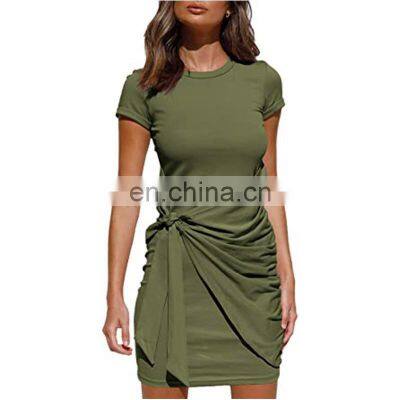 Manufacturers Wholesale Women's Irregular Dress Short Sleeve Round Neck Pleated Bow Belt Slim photo-4