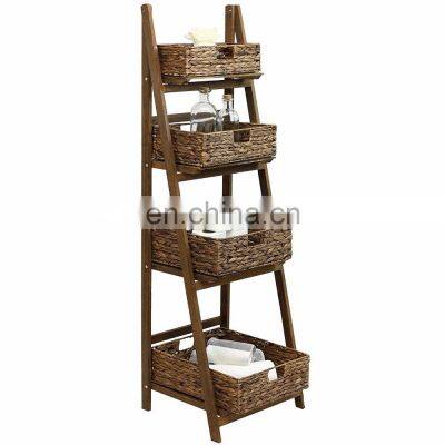 4 Tier Brown Ladder Shelf with Brown Wicker Basket Set